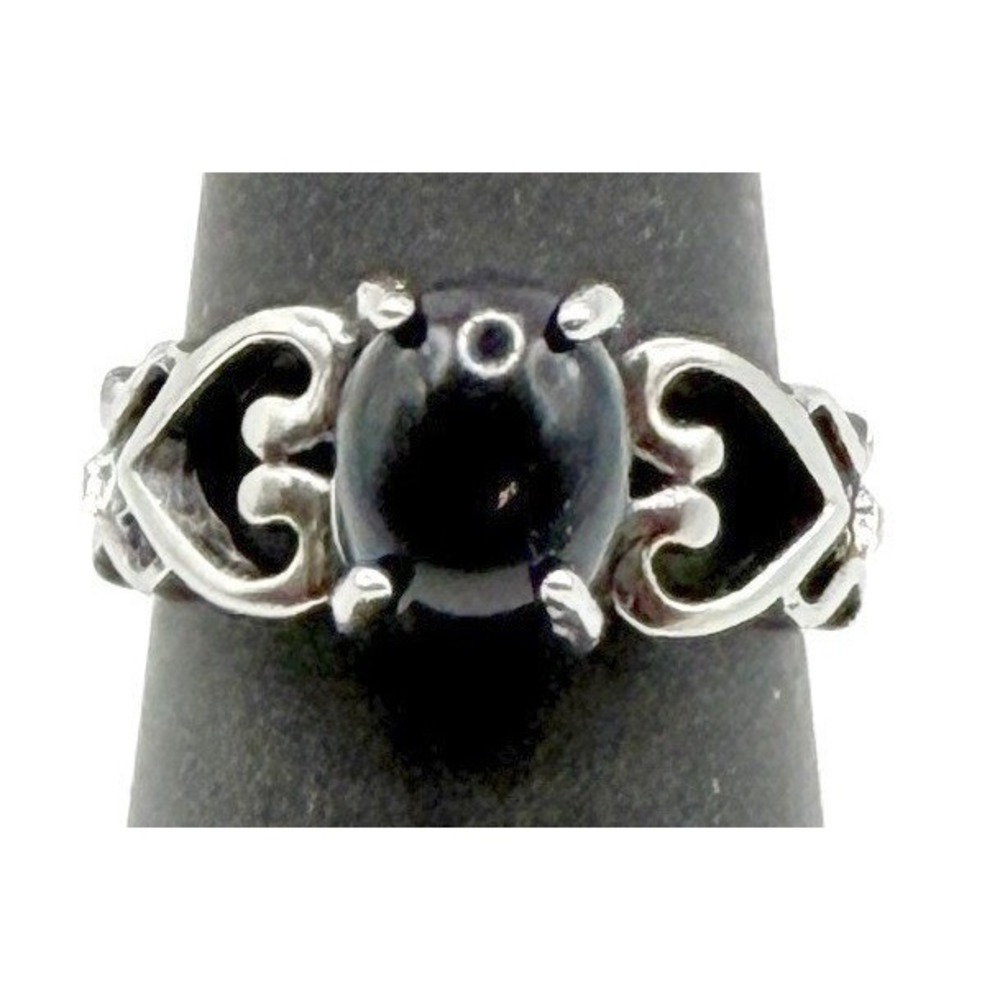 Vintage Style Black Cabochon Ring Silver Tone Scroll Setting Sz 8